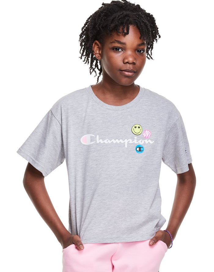 Champion Pige T-Shirts Grå - Boxy Smiley Face - Danmark ZIV-283759